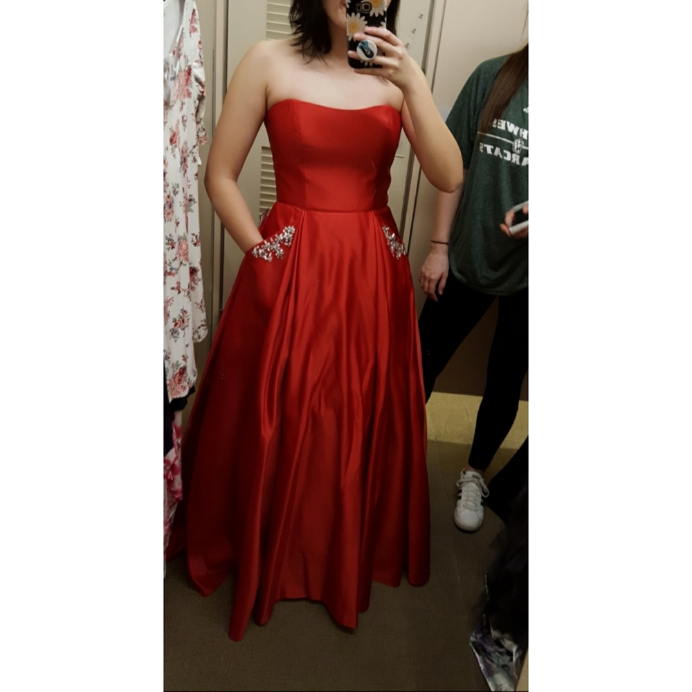 Red off shoulde full length ball gown prom dress